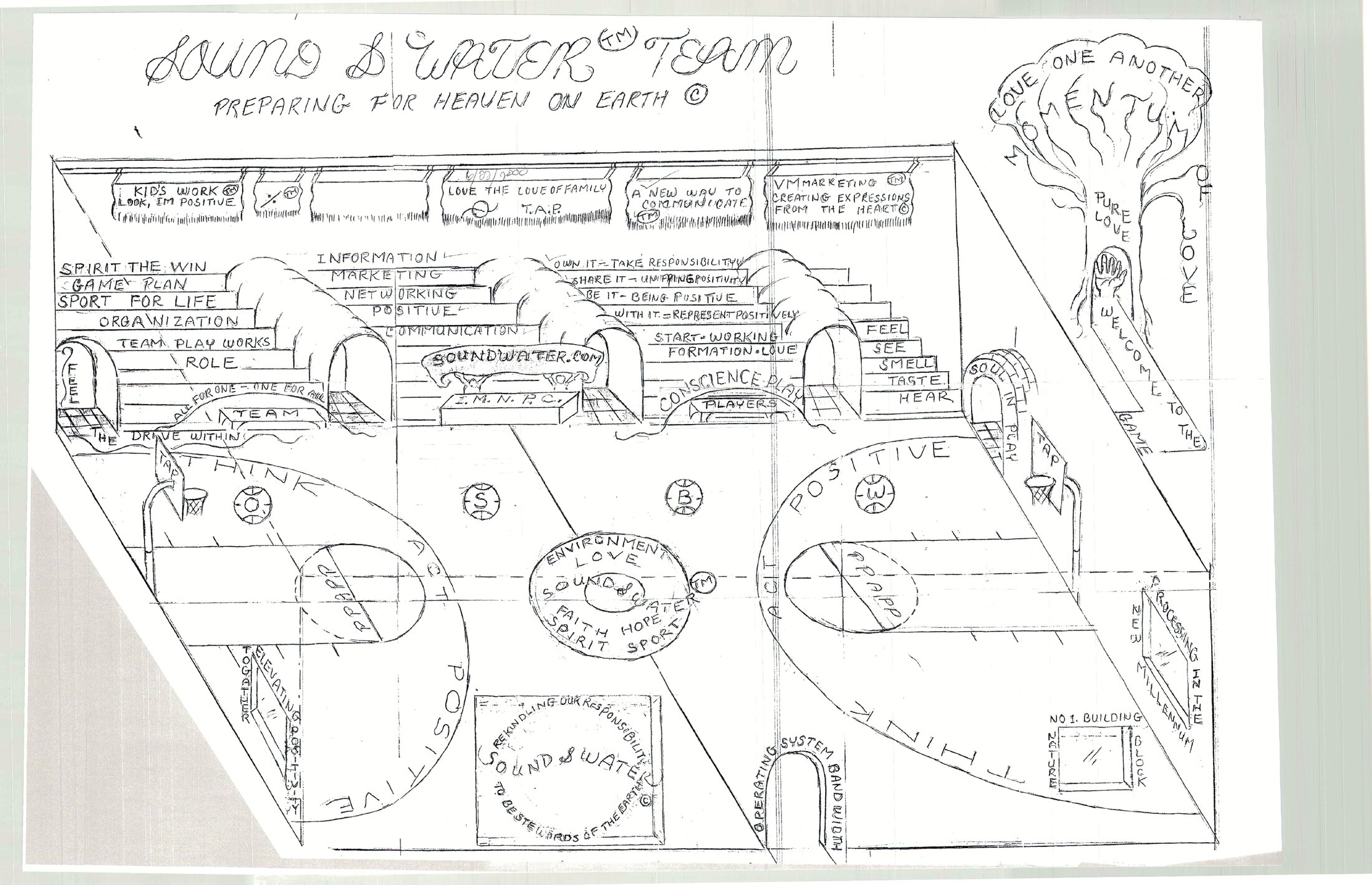 Original hand-drawn SoundWater Court blueprint from 1998