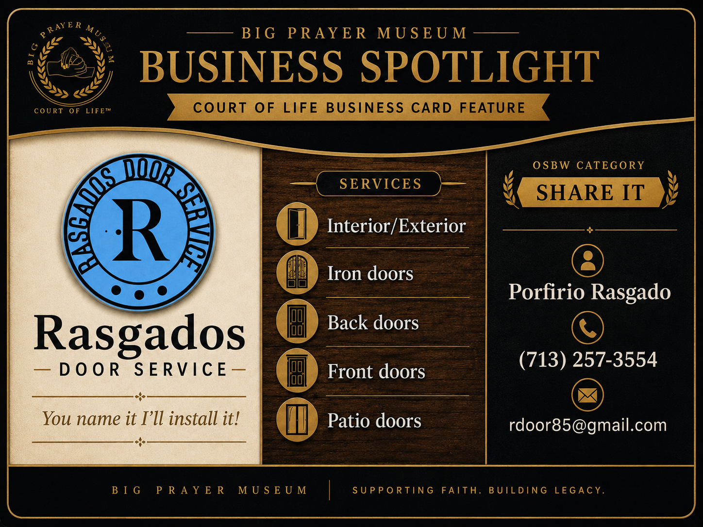 Rasgados Door Service business card
