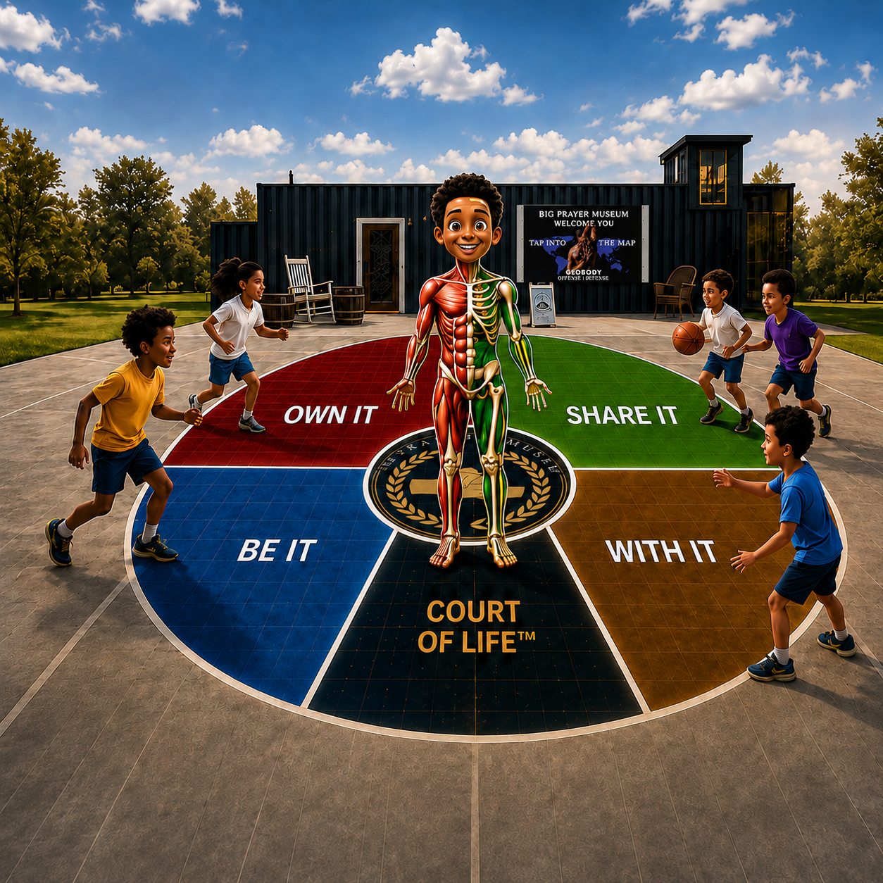 Children participating on the Court of Life with the Geobody figure and Own It, Share It, Be It, and With It positions.