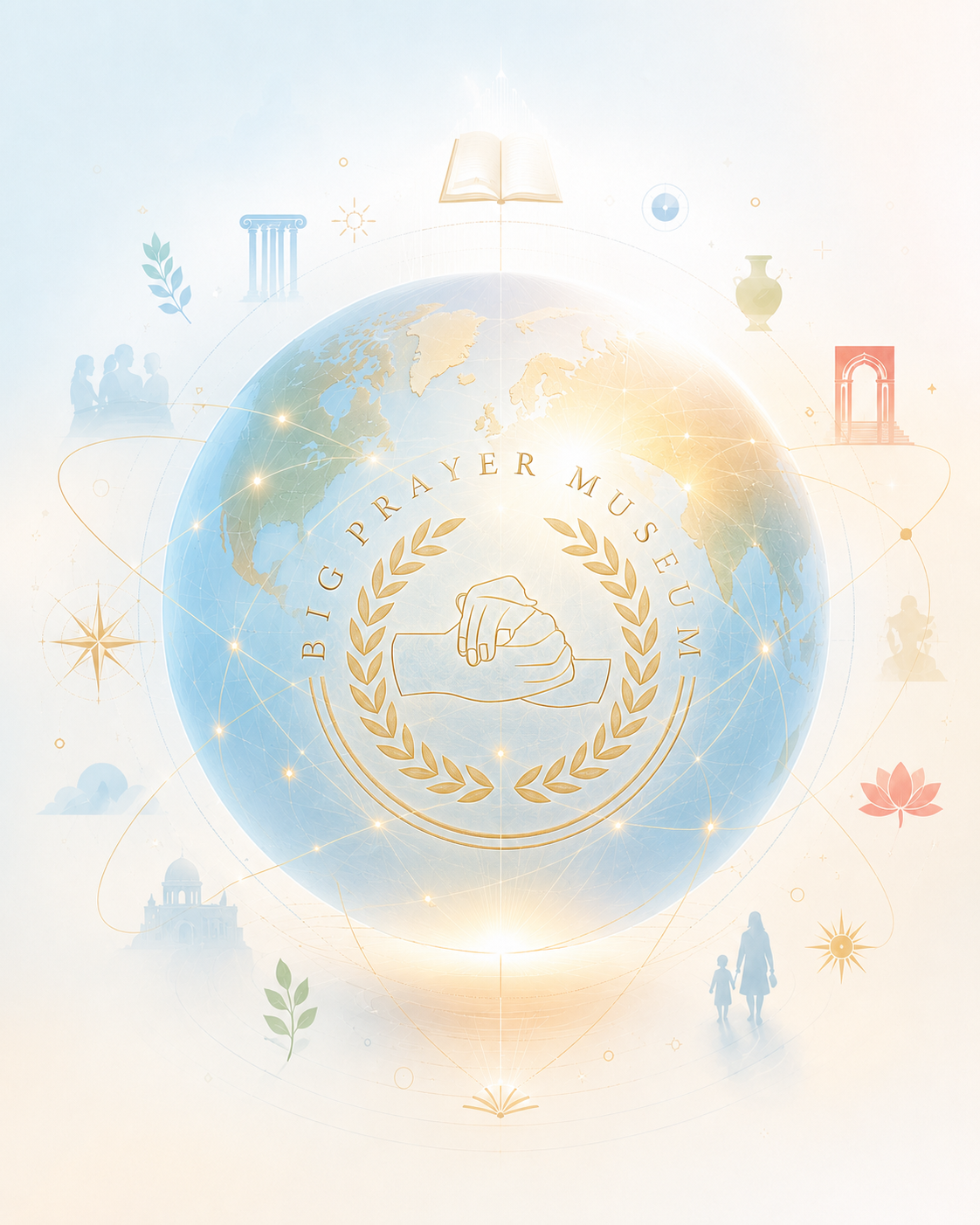 Big Prayer Museum global knowledge illustration with globe, cultural symbols, and BPM emblem